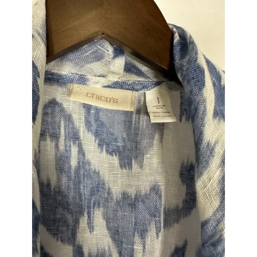 Chico's 100% Linen Open Front Cardigan Blue White Beachy Resortwear 1‎ US Sz M - Picture 2 of 8